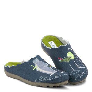 Flexus COCKTAIL Felt Slippers | 39 Navy | Martini Graphic | Indoor Outdoor | NIB